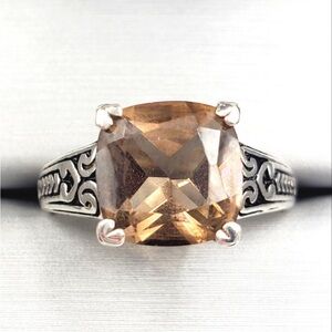 Genuine Brown Cushion Cut Smoky Quartz 925 Sterling Silver Heart Prong Ring
